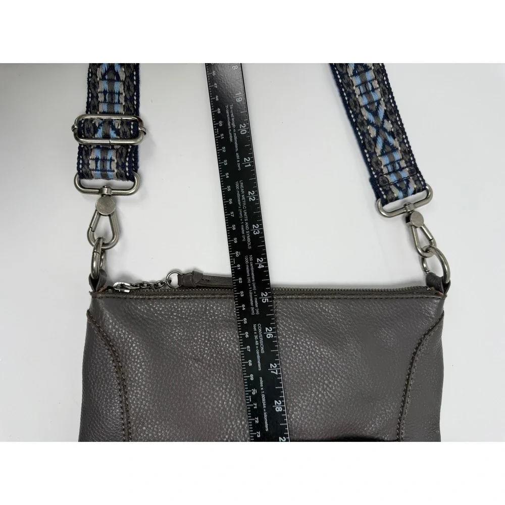 The Sak Gray Pebbled Leather Crossbody Bag Woven Blue Guitar Strap Boho Purse
